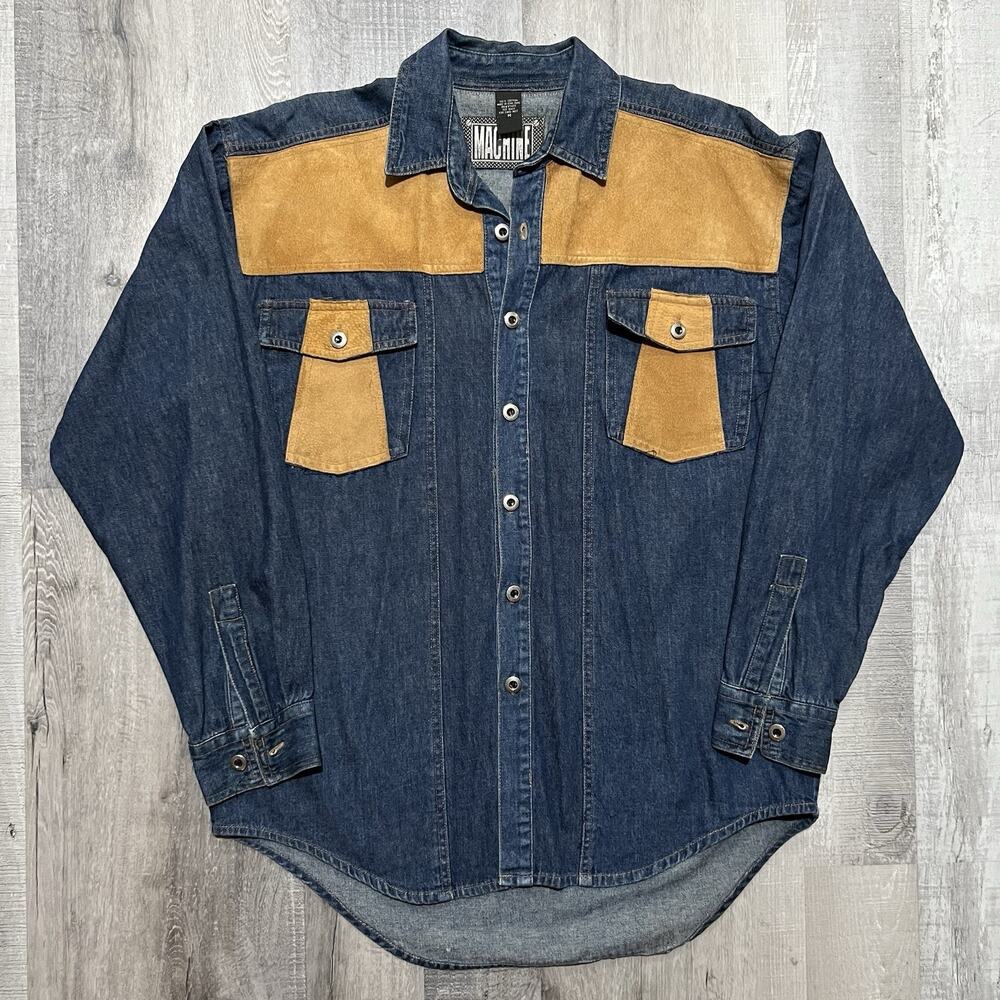 VTG Machine Denim Western Suede Leather 90s Two Pocket Button Shirt Size Medium